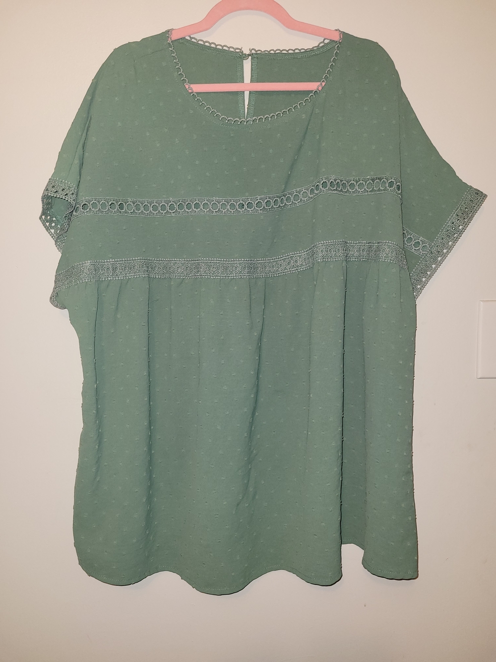SHEIN Sage Green Crochet-Detail Short Sleeve Tunic